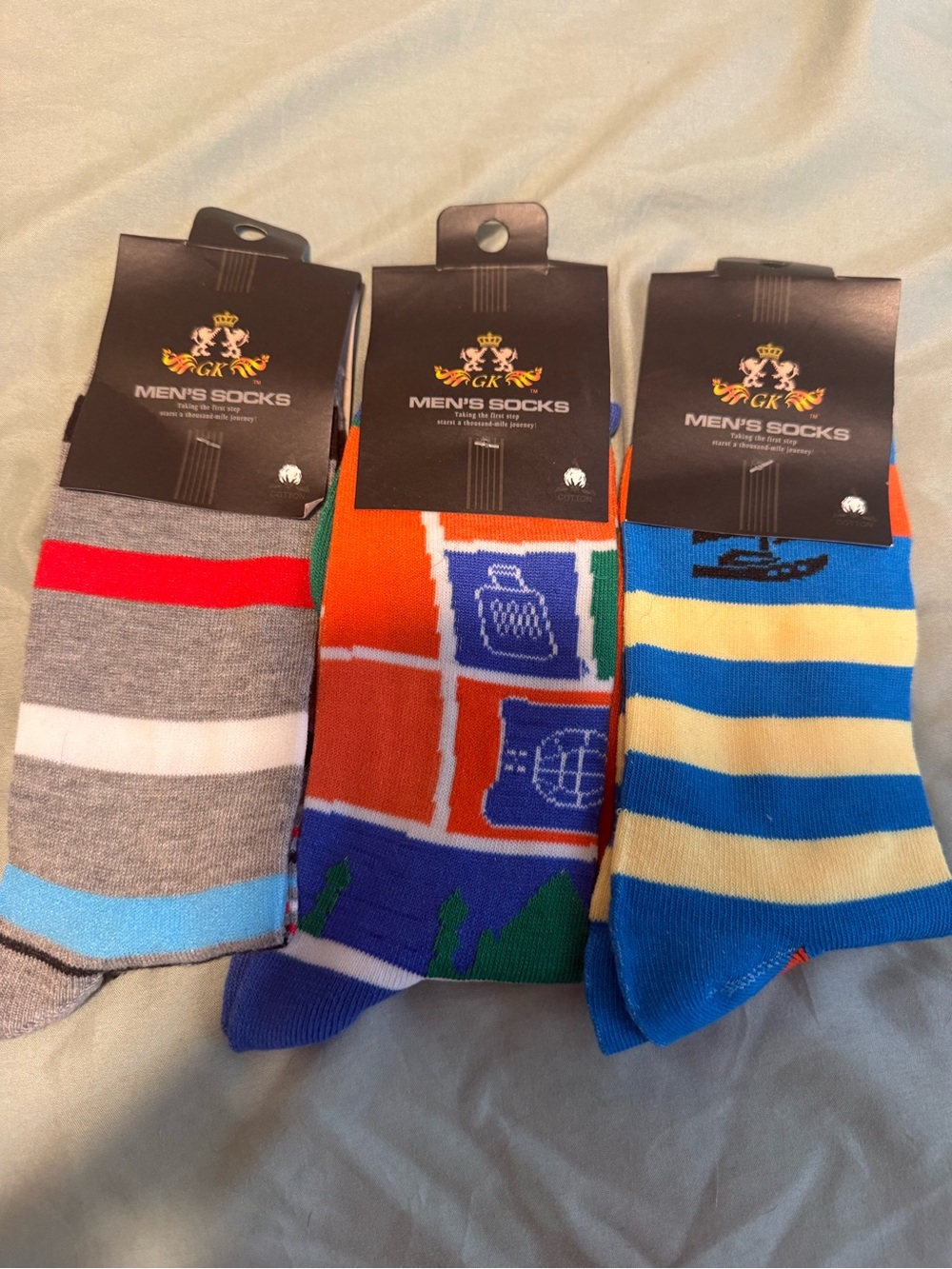 Men's Socks 3-Pack - Assorted Striped & Patterned Socks (Blue, Orange, Gray)